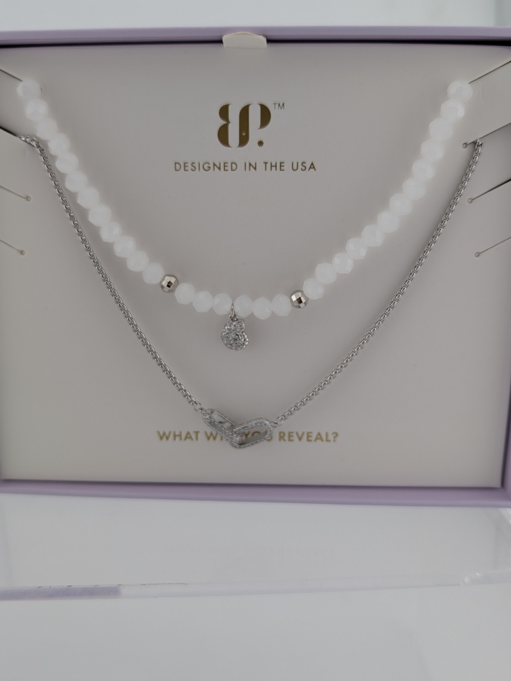 BP White Beaded Layered Necklace Set with Silver Accents and Shell Charm